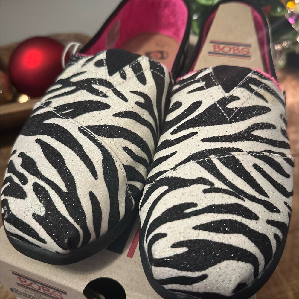 Skechers BOBS Zebra Print Slip-On Shoes - Black and White